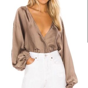 Free People Midnight Vibes Satin Blouse in Mushroom